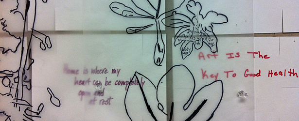Artwork created in the Porch Light workshops at 11th Street emphasizes medicinal plants and the meaning of home.